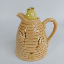Vtg Ceramic Honey Pot w/ Handle & Spout Made In USA Gold Highlighted bee's