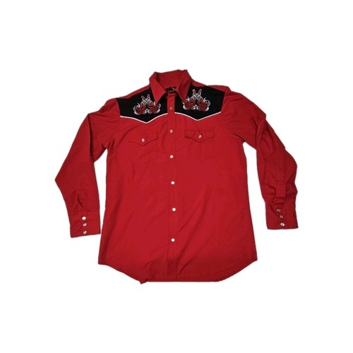 VTG High Noon Western Pearl Snap Shirt Men's Medium Embroidered Red Guitars