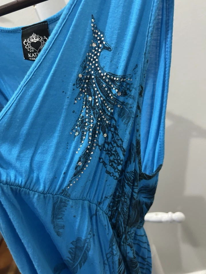 Túnica Katydid Vintage Y2K Turquesa Estrás Pavo Real Cuello en V Tatuaje Grunge MED Foto 3 de 4