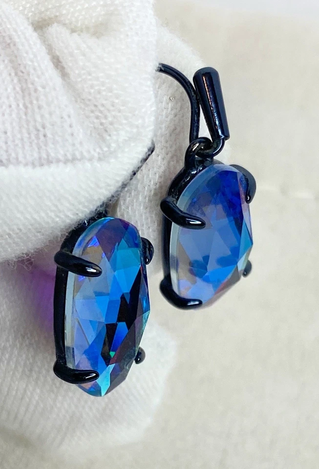 Kendra Scott Lemmi Oval Dangle Drop Earrings Navy Gunmetal Indigo Dichroic Glass - Image 4 of 4