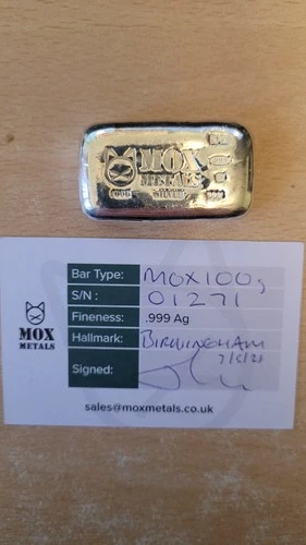 100g MOX Metals 999 fine silver bullion bar