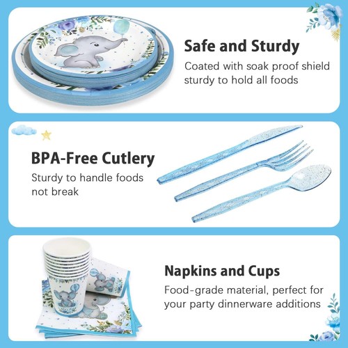175Pcs Baby Boy Shower Decorations Plates Set for 25 Guests, Elephant Baby Sh... - Picture 6 of 6