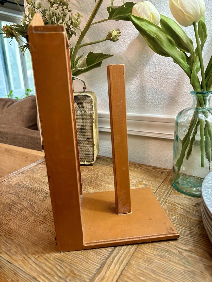 Unique Vintage Wood Paper Towel Holder with Flowers In Glass Base - Image 4 of 4