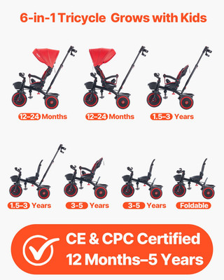 6-in-1 Toddler Tricycle Stroller w/ Push Handle Canopy Kids Trike 1-5 Red