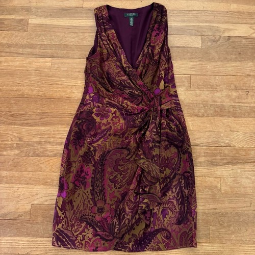 Ralph Lauren purple tan floral sleeveless a-line knee length dress size 10 b28