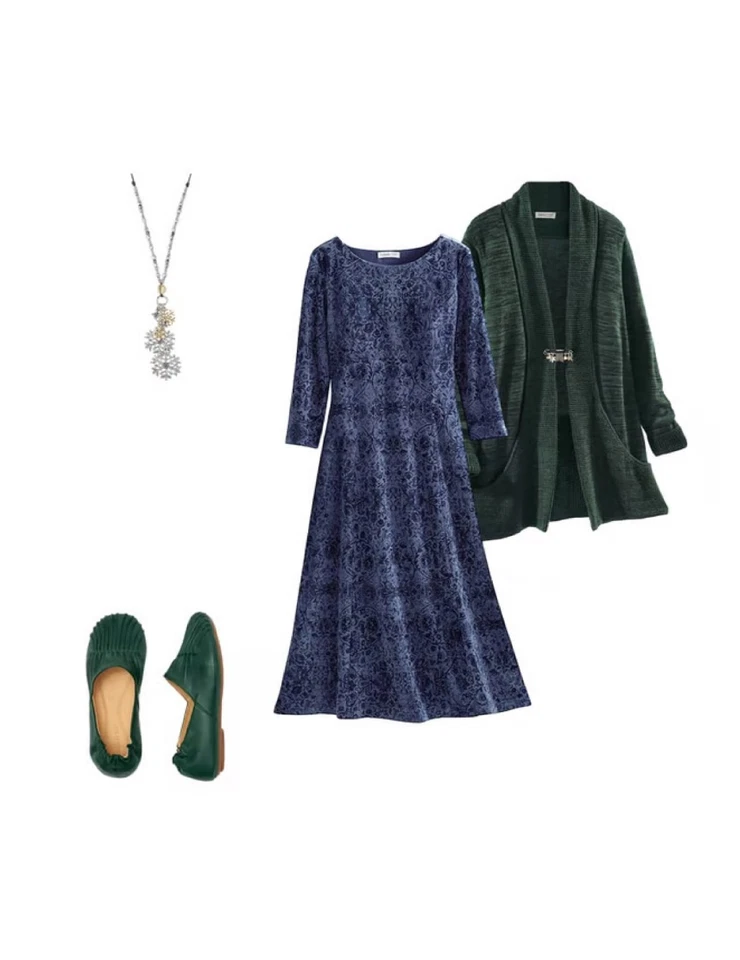 Vestido Coldwater Creek Desplazado Elastizado Terciopelo Color Azul Marino Medianoche Foto 2 de 4