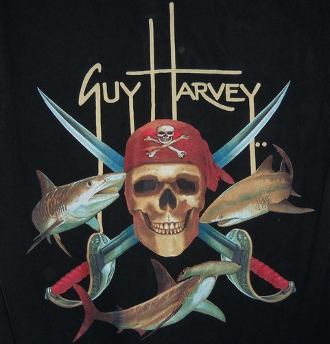Camiseta de Pesca Guy Harvey Calavera Pirata Tiburón Pez Negra Agua Azul Talla Med - Imagen 2 de 3