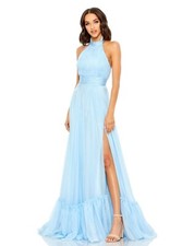 MAC DUGGAL 67816 Sky Blue Halter Tiered Pleated Hi-Slit Satin Maxi Gown Dress 10