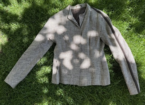 MAX MARA ITALY Brown WHITE TWEED Linen LEATHER TRIM JACKET Button BLAZER - Picture 6 of 10