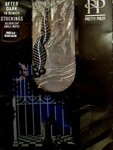 Pretty Polly After Dark 10 Denier Stockings Silverleaf Ankle Motif Black 6-8 - 第 1/3 張圖片