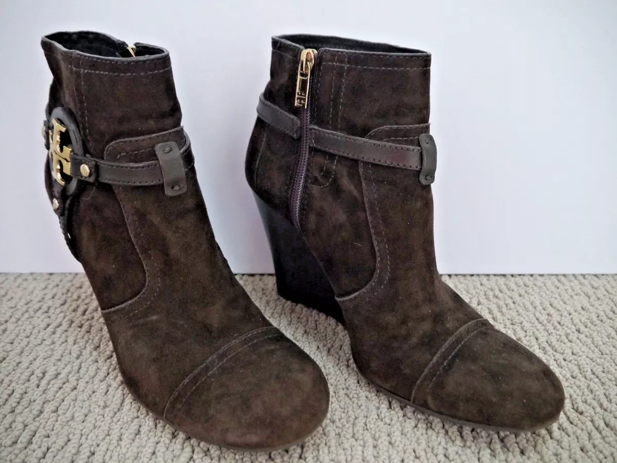 TORY BURCH Aaden brown suede gold logo detail wedge heel ankle