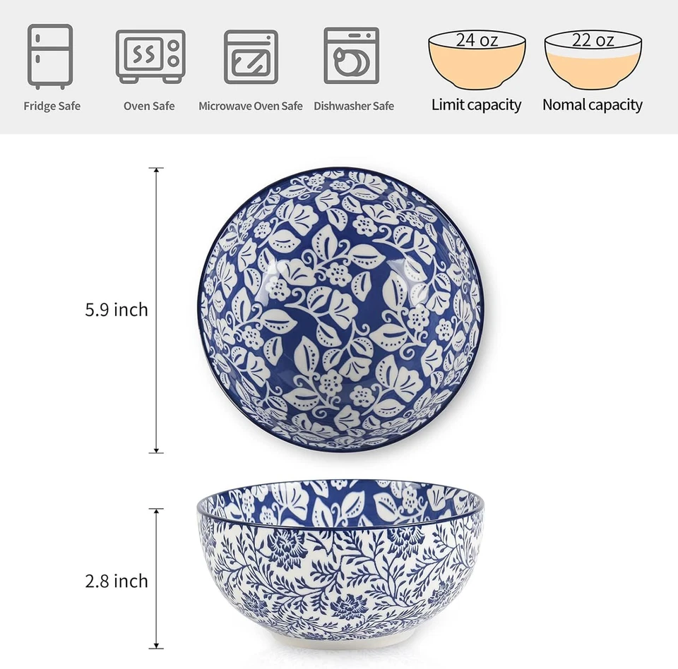 Conjunto de tigela de cerâmica de 6, 24 oz tigela de sopa profunda para cozinha, azul vintage - Imagem 3 de 4