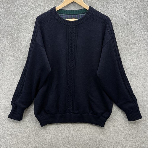 Denbigh Jumper Mens Large Navy Blue Wool Wind Stopper Cable Knit Fisherman