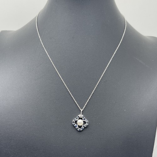 Sterling Silver 925 Lab-Created Sapphire & Pearl Clover Pendant Necklace 18" - Picture 2 of 10