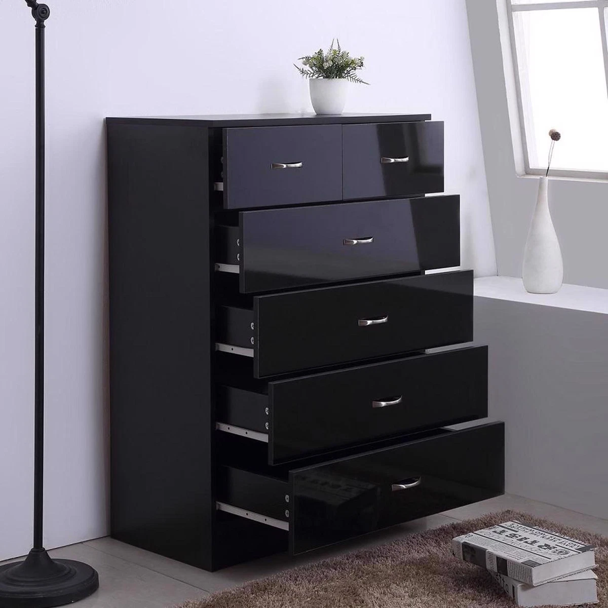 Gloss Black Chest of Drawers Large 6 4 2 Drawer 100cm Tall Matt Frame