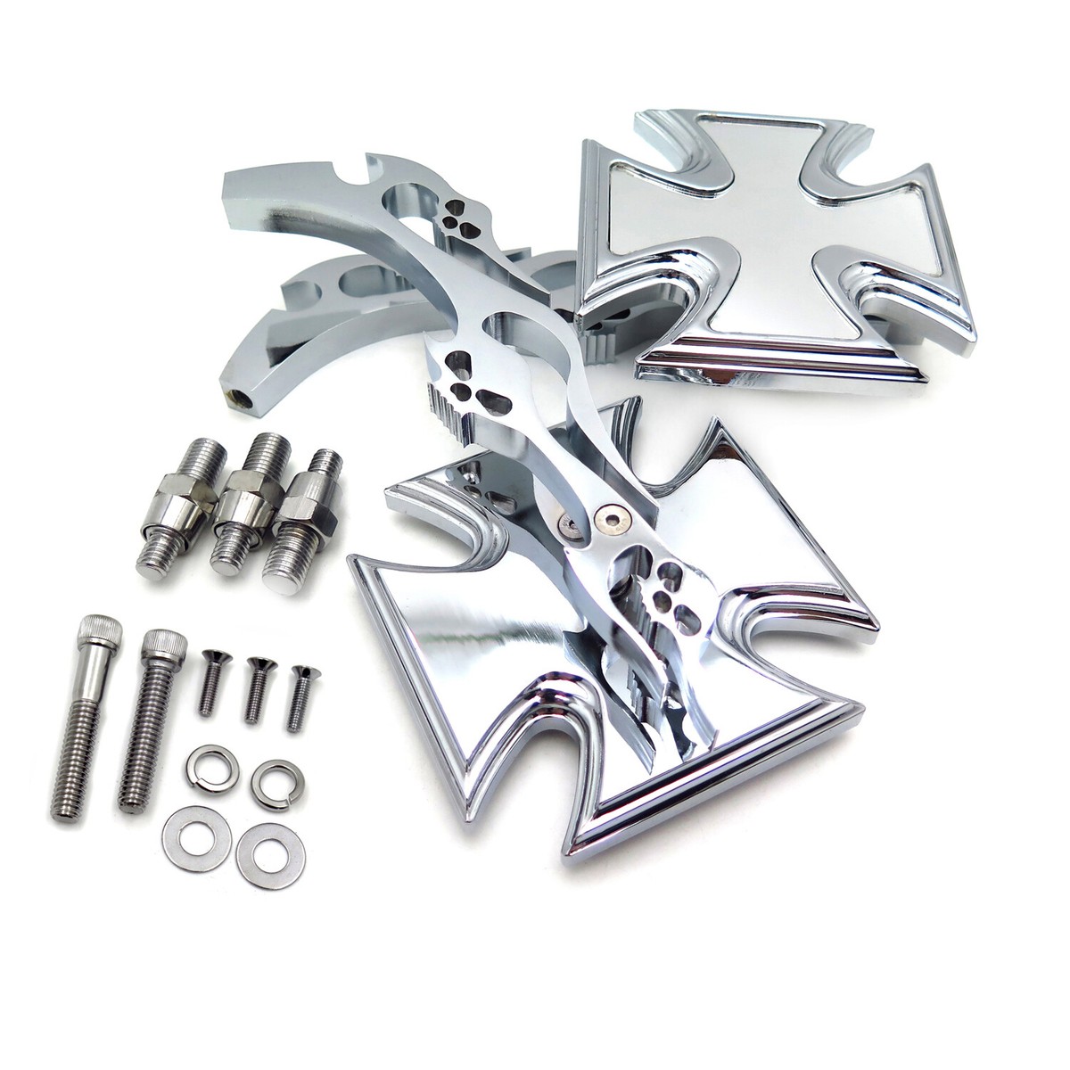 Maltese Cross Running Acrylic Mirrors For Harley Dyna & Wide Glide - Chrome, Left & Right Set