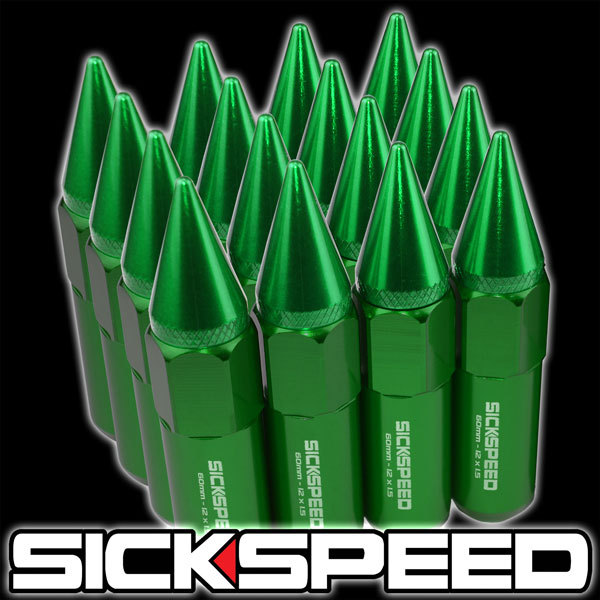 SICKSPEED 16 PC GREEN SPIKED ALUMINUM 60MM LUG NUTS WHEELS/RIMS
