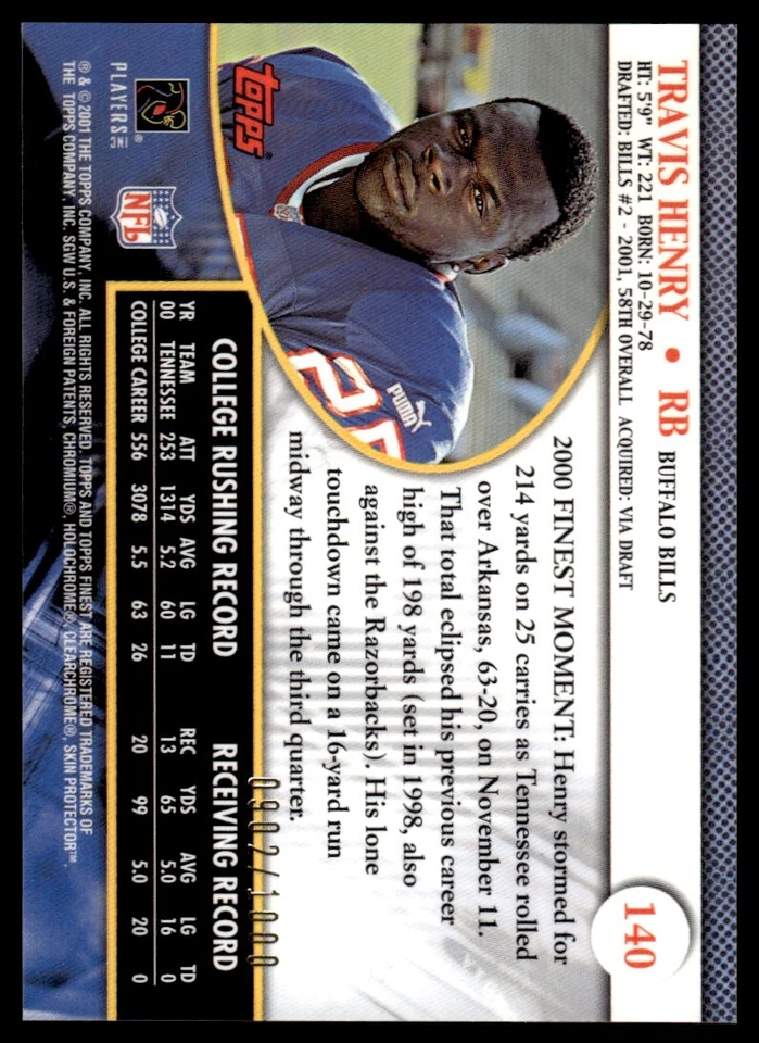2001 Finest Travis Henry Rookie /1000 Buffalo Bills #140 - Image 2 of 2