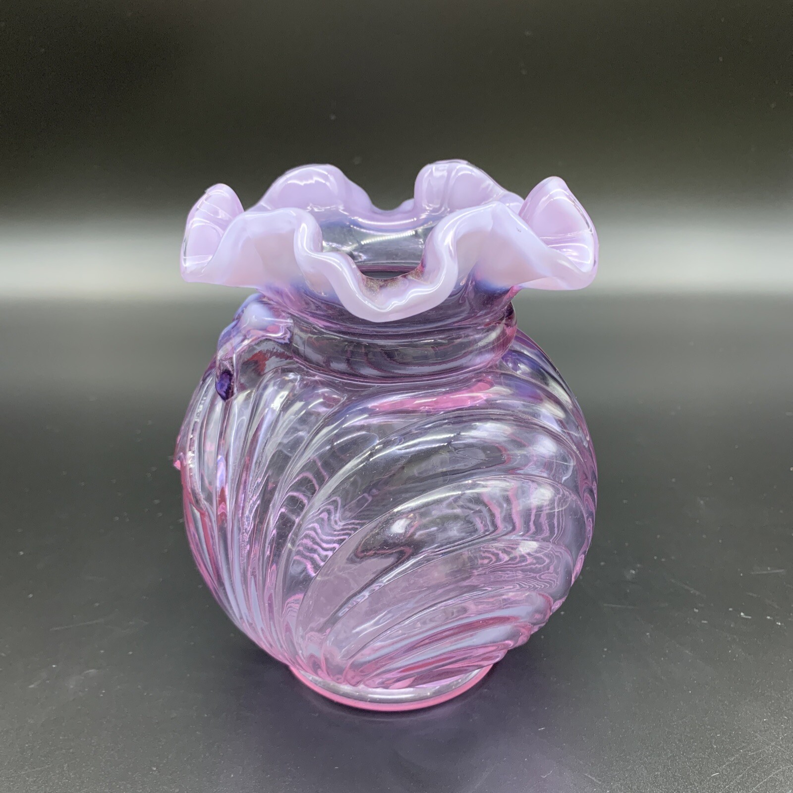 Fenton Art Glass Vase – Light Purple Opalescent, Draped with Ruffled Top & Bow