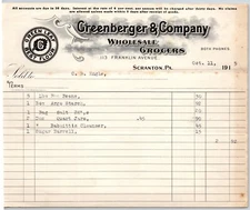 Scranton, PA Greenberger & Co. Grocers 1915 "C.B. Engel" Billhead - Argo Starch