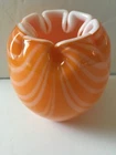 Vintage MCM Murano Fenton Style glass vase Orange & white 5” hand blown pinchtop