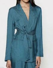 Equipment Raymond Blazer Jacket Textured Teal Blue Tie Waist Sz 4 Career