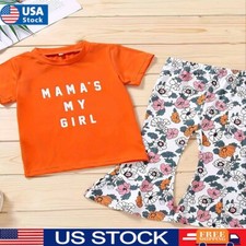 Girls Short Sleeve Top Bell Pants Set 2PCS Cowboy Print Outfit