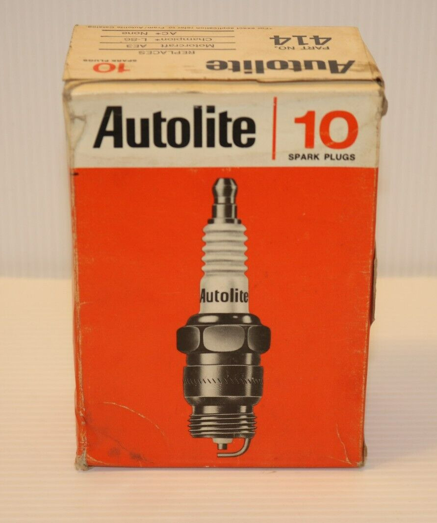 Vintage Sealed Box of 10 Autolite 414 Spark Plugs, New Old Stock NOS