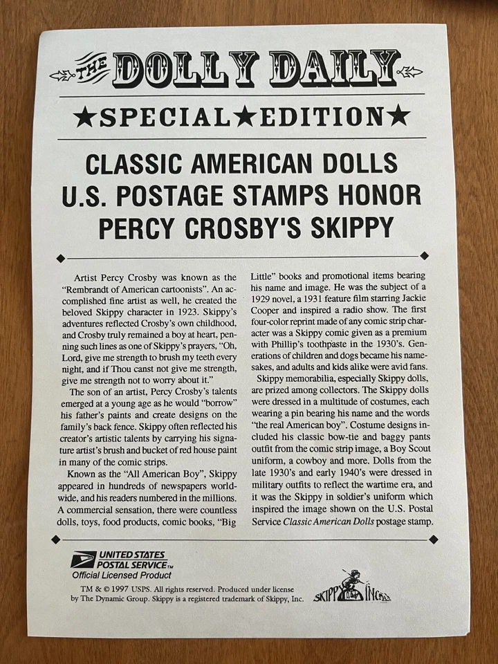 Skippy娃娃美国邮票娃娃11英寸1997年带盒带真品证明 — 第 3/4 张图片