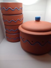 Vintage Terracotta Redware Soup Tureen And Bowls Periwinkle Textured Swirl Dot 