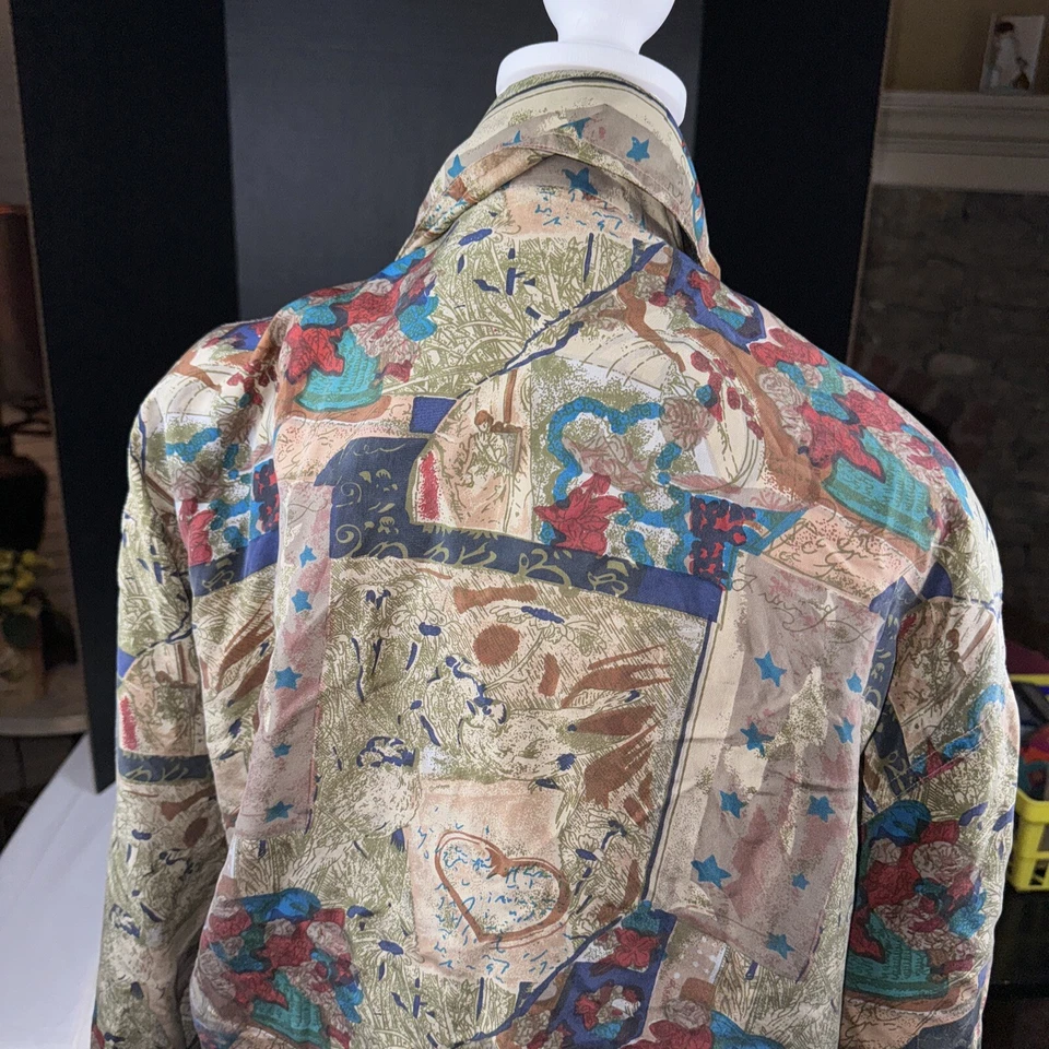 Винтажный шелк куртка женщин маленький 80-х 90-х печать синий зеленый ржавчины Fuda International - Изображение 2 из 4