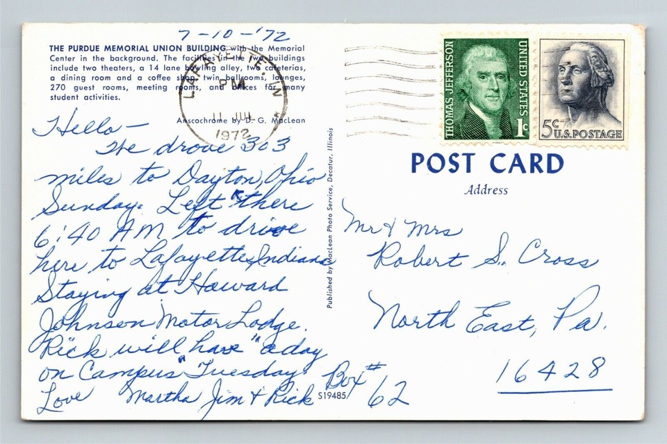 Purdue University Memorial Union Building, Campus Vintage Indiana c1972