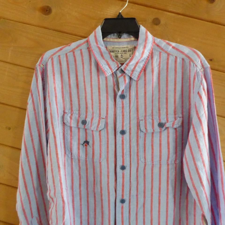 Camisa Top Manga Larga Nautica Rayas Para Hombre 100% Lino Azul Botón Frontal L Foto 4 de 4