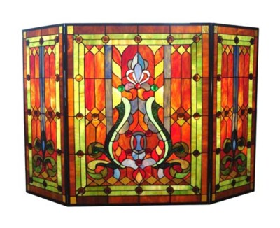 Tiffany Style Stained Glass Mission Fleur-De-Lis 3 Piece Fireplace Screen 28x44