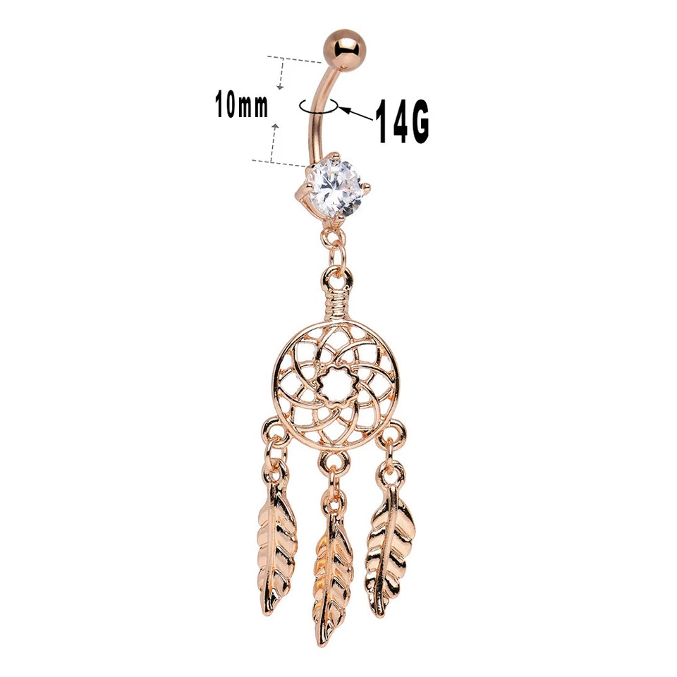 Anillos ombligo 14G ombligo atrapasueños colgantes con 3 plumas acero quirúrgico Foto 2 de 4