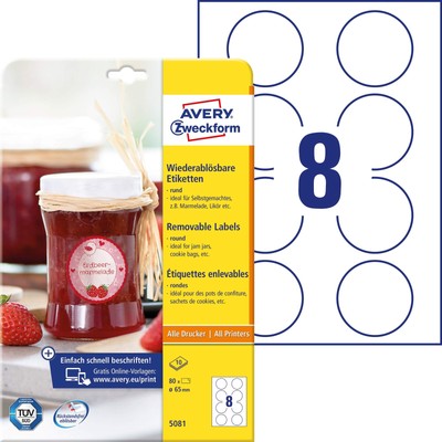 Avery Zweckform 5081 Jam Labels, A4, 80 Labels Removable, Ø 65 mm 10 Sheets Whit