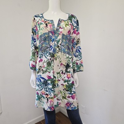 Fig & Flower Womens 2X Mixed Floral Tunic Top 3/4 Sleeve Henley Bohemian Crinkle