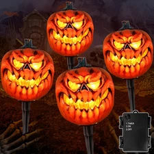 [Timer & 4 Pack] Pumpkin Halloween Pathway Lights Outdoor Decorations with Stake