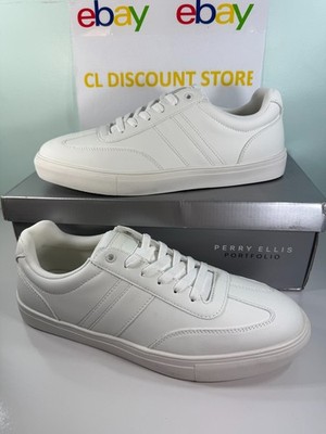 NEW PERRY ELLIS Men's Sneakers Lace-Up Low-Top Faux Leather Upper Shoes - White