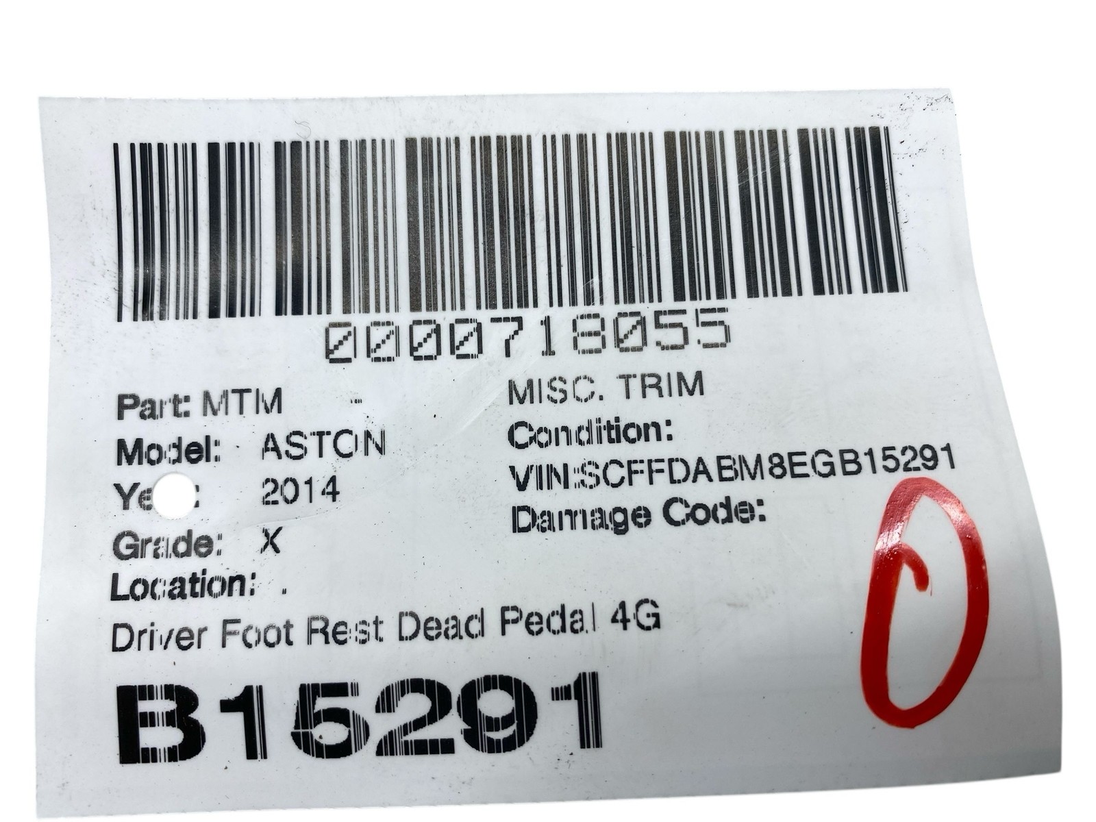 2013-2016 Aston Martin DB9 Oem Driver Foot Rest Dead Pedal 4G43-044J09