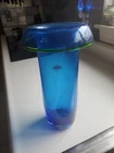 Blenko Cobalt Blue/Green Lip Glass Vase 12” Hand Crafted MCM Vintage