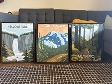 Set of 3 Framed National Park Canvas  Prints Yellowstone Mount Rainier Olympic