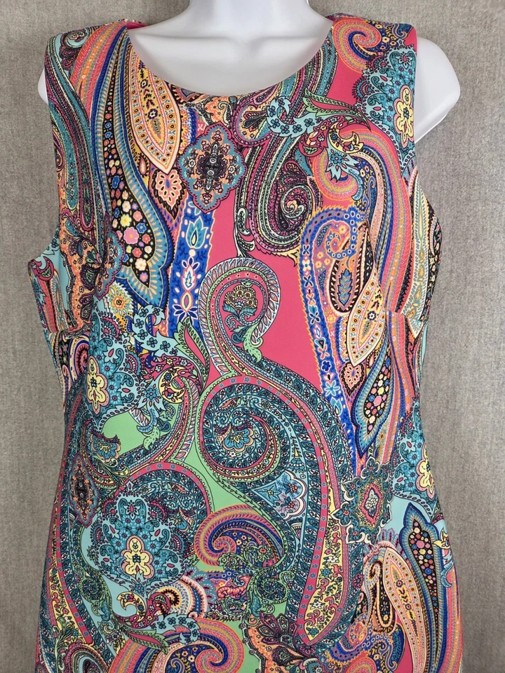 Tommy Hilfiger Multi Paisley Scuba Sleeveless Sheath Dress Women’s 12 Pink Boho - Image 2 of 4