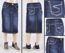 Little Girls Stretch Denim Skirt Calf length dark wash basic 5pocket RK-77410