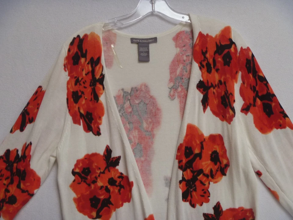 Cardigã suéter branco vermelho floral feminino tamanho G grande Kate & Mallory comprimento do joelho - Imagem 2 de 4
