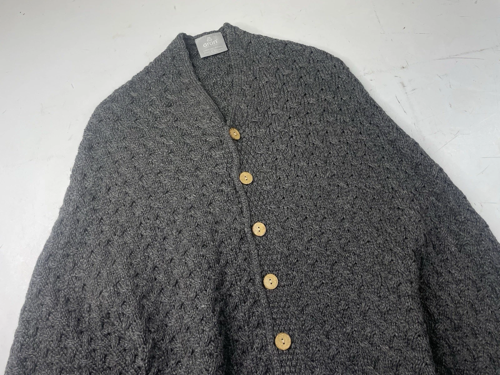Aran Supersoft Merino Wool Buttoned Irish Cape/Poncho Gray Knit Irish one size
