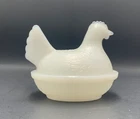 Vintage White Opaque Milk Glass Hen on a Nest Basket Weave Chicken Candy Dish 4"