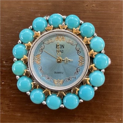 EON Quartz Brooch Watch for Women Turquoise Silver Polished Stainless Steel