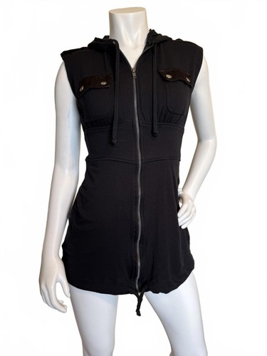 Noblita mini abito donna XS nero senza maniche con cappuccio zip davanti orlo con coulisse - Foto 2 di 6