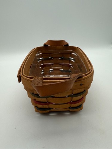 Vtg 1995 Longaberger Classic Tea Basket 3-Color Leather Handles w/Protector - Picture 2 of 10
